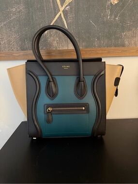 Celine Tricolor Mini Luggage Tote - Teal, Black & Beige